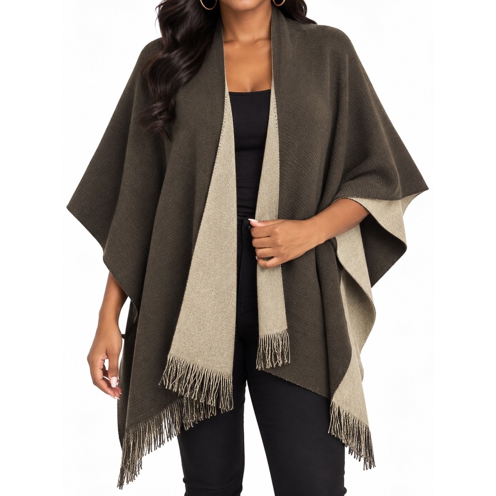 Coldwater Creek Reversible Knit Poncho Wrap Brown Tan Fringe One Size V#1973